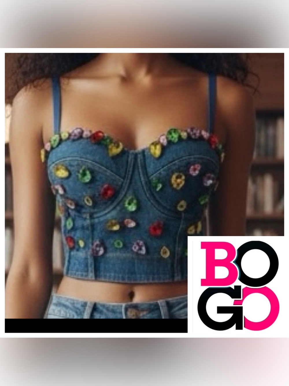 The Sang Fancy Denim bejeweled gem Corset Crop Bustier Top Junior Small